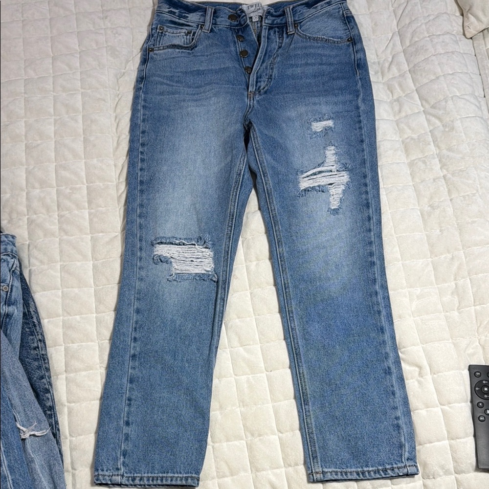 High-Rise Distressed Straight Leg Jeans - Blue